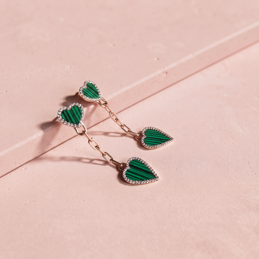 RoseGold Plated Silver Drop Heart Earrings in Green