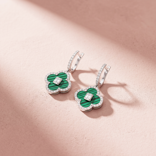 Silver Green Clover Hoops Earring
