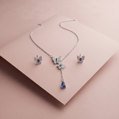 Silver Sapphire Butterfly Necklace Set