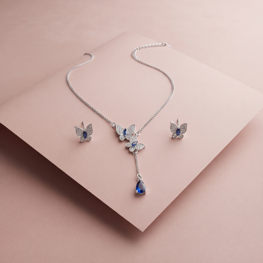 Silver Sapphire Butterfly Necklace Set
