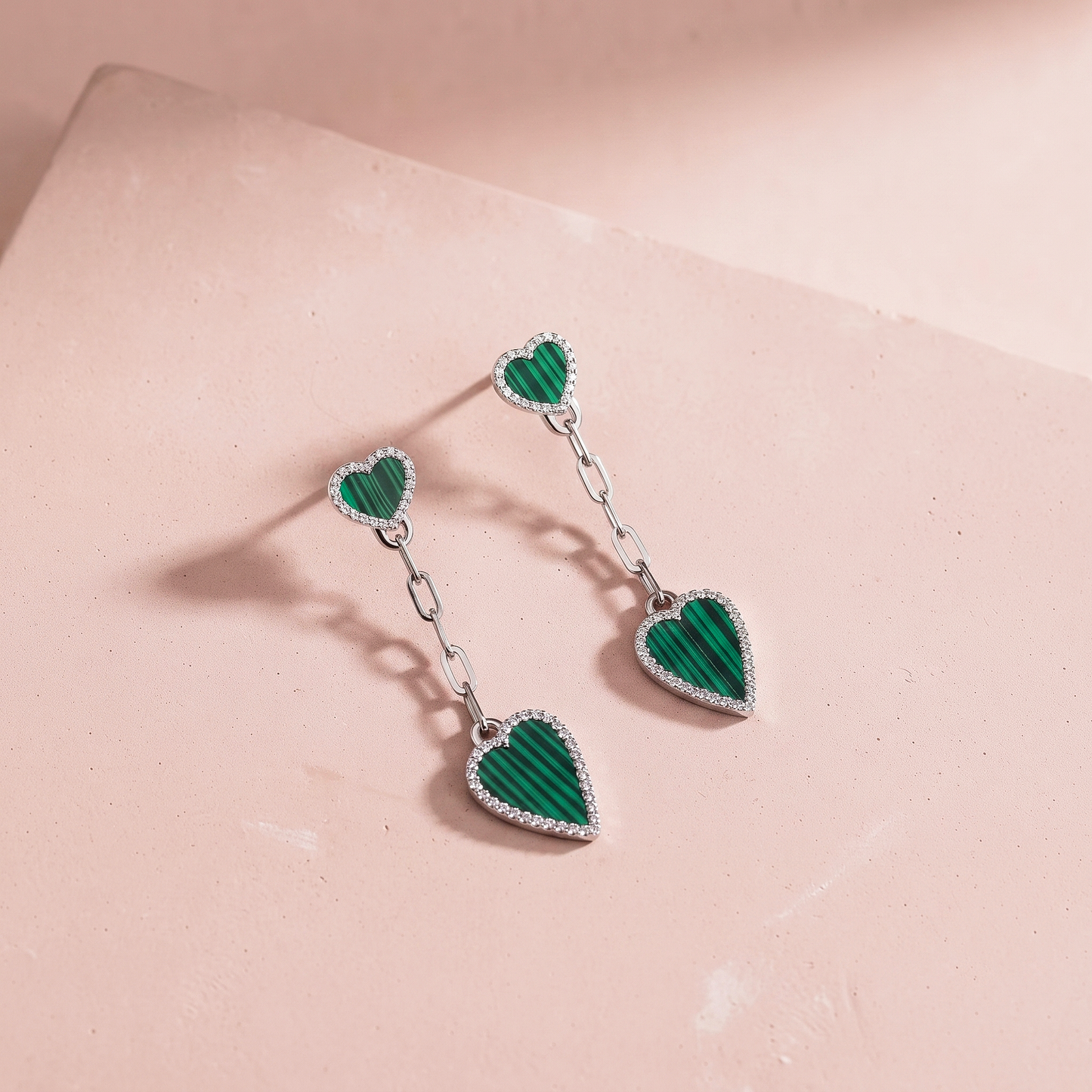 Silver Drop Heart Earrings in Green
