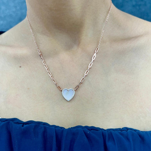 Rose Gold Plated Silver Milky Quartz Heart Necklace