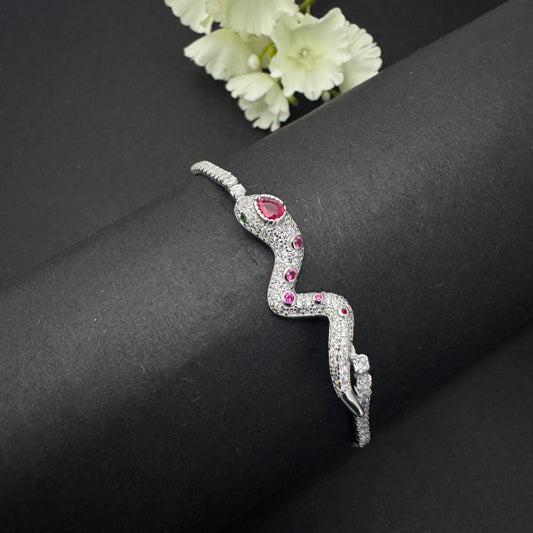 Silver Serpent Head Bracelet with Zircon Stones