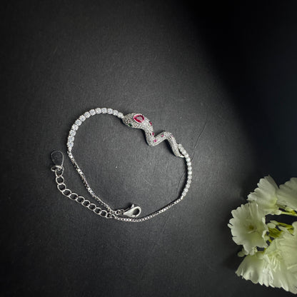 Silver Serpent Head Bracelet with Zircon Stones
