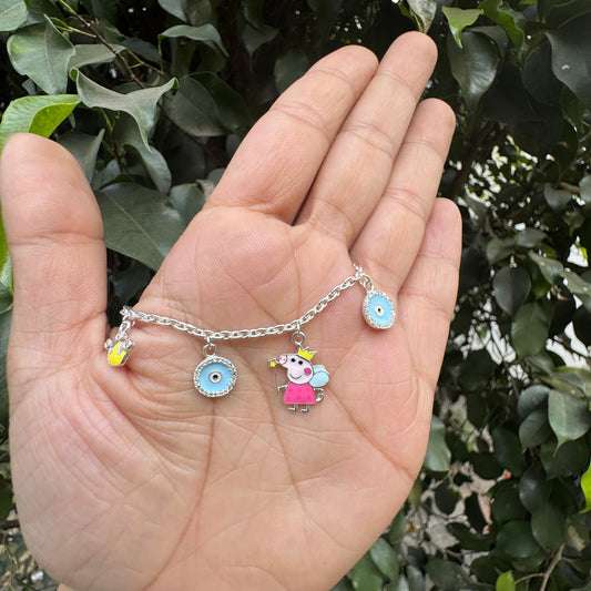 Silver Peppa Pig & Evil Eye Baby Bracelet