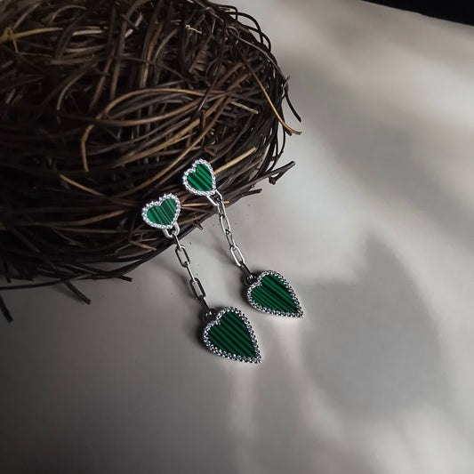 Silver Drop Heart Earrings in Green