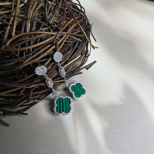 Silver Fourleaf Clover Statement Earrings in Green