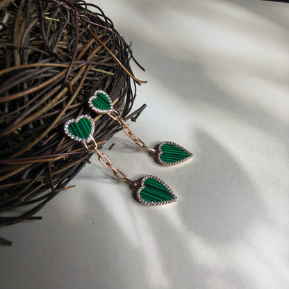 RoseGold Plated Silver Drop Heart Earrings in Green