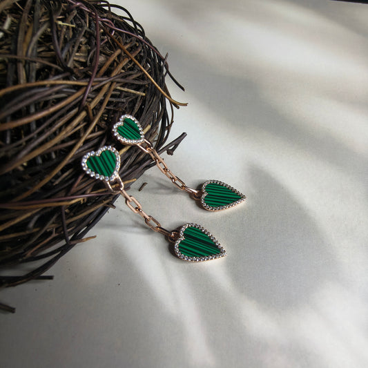 RoseGold Plated Silver Drop Heart Earrings in Green