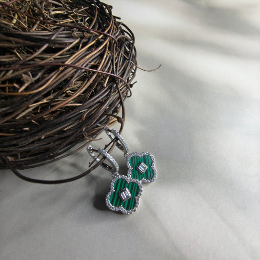 Silver Green Clover Hoops Earring