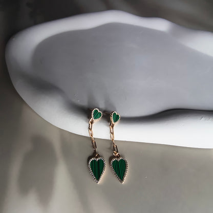 RoseGold Plated Silver Drop Heart Earrings in Green
