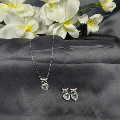 Silver Aquamarine Heart Bow Necklace Set