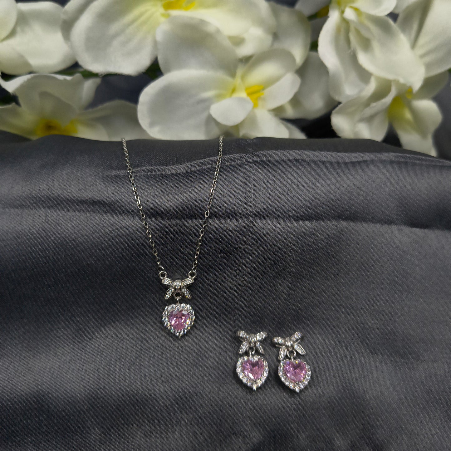 Silver Pink Heart Bow Necklace