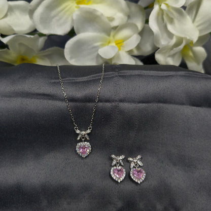 Silver Pink Heart Bow Necklace