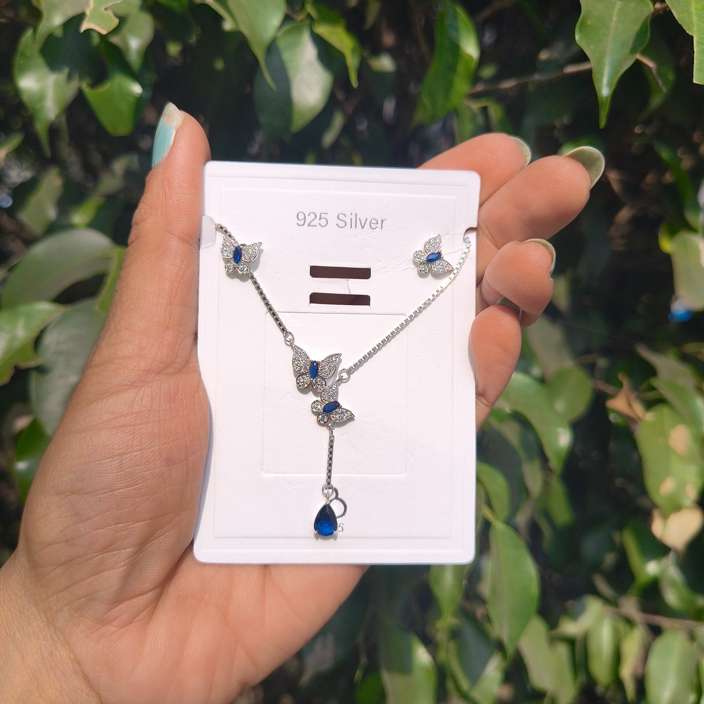 Silver Sapphire Butterfly Necklace Set