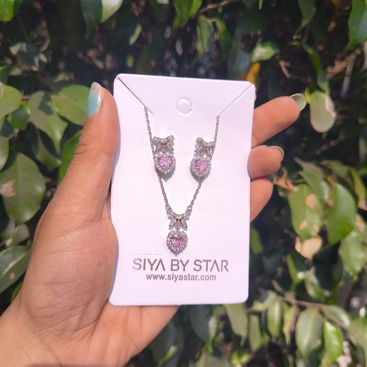 Silver Pink Heart Bow Necklace