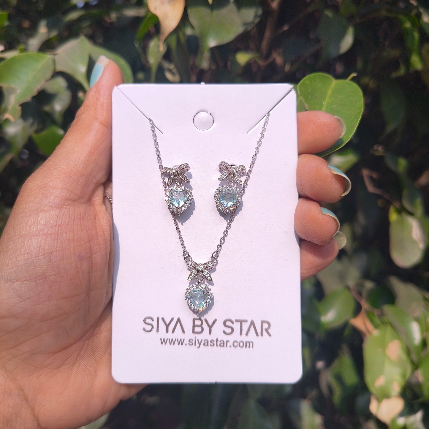 Silver Aquamarine Heart Bow Necklace Set