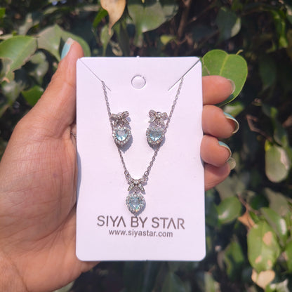 Silver Aquamarine Heart Bow Necklace Set