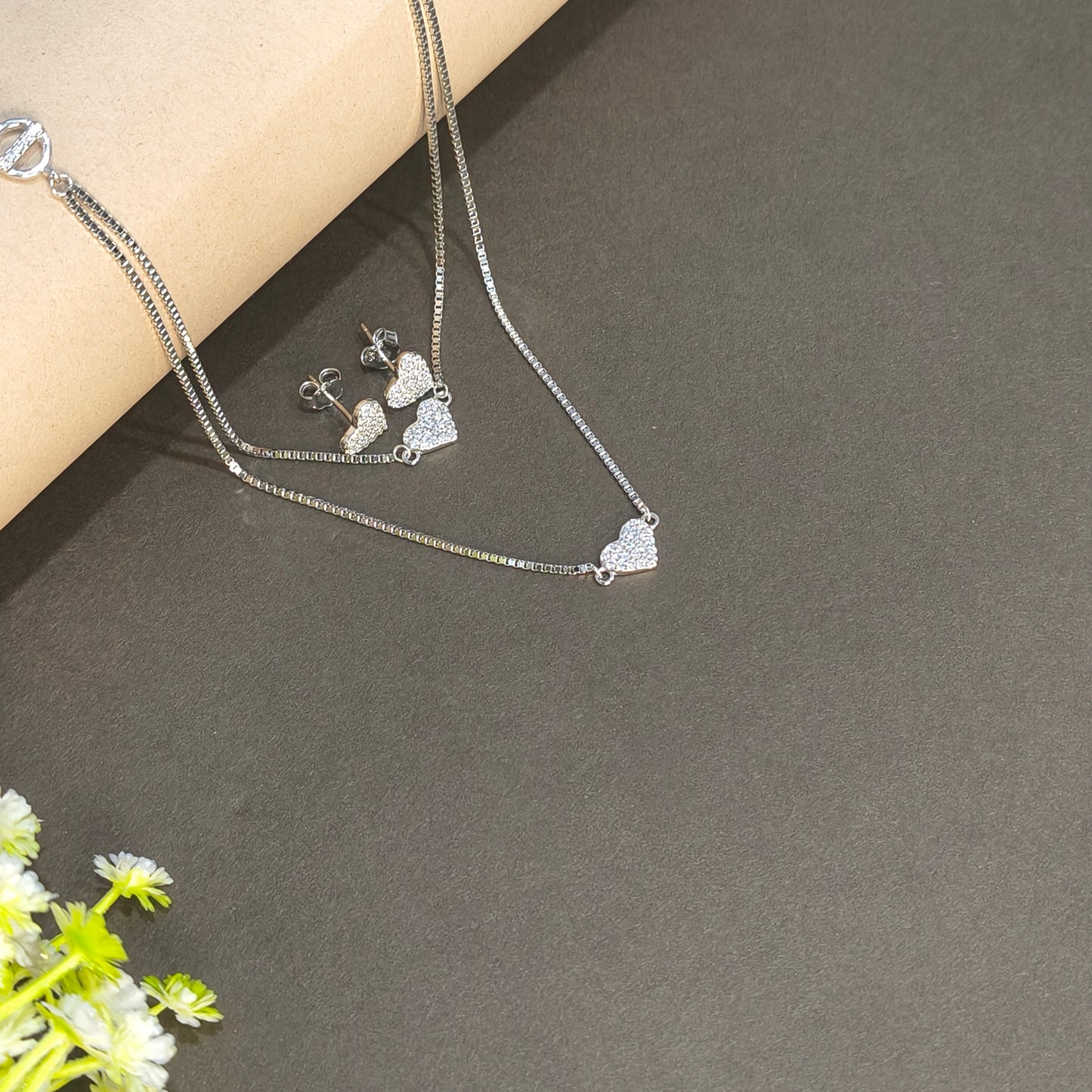 Silver Layered Pave Heart Necklace Set