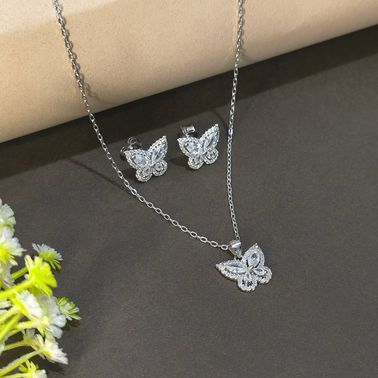 Silver Crystal Encrusted Butterfly Necklace Set