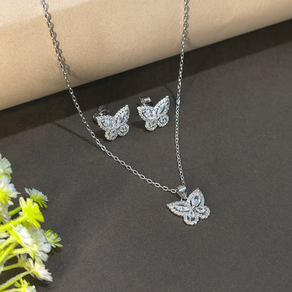Silver Crystal Encrusted Butterfly Necklace Set