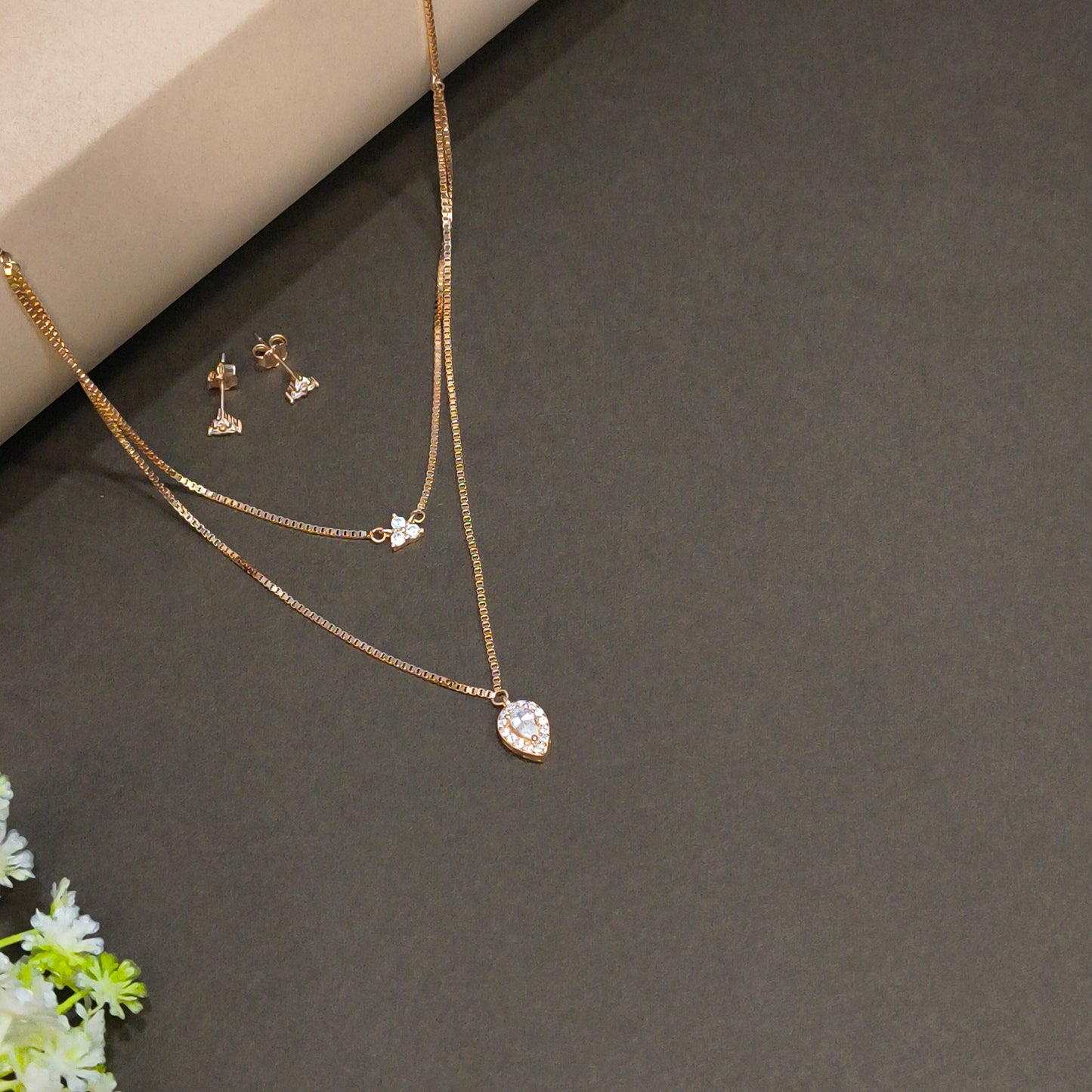 Rose Gold Plated Twin Layer Drop Necklace Set
