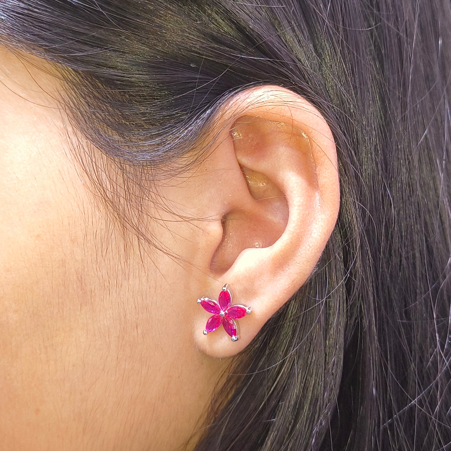 Silver Ruby Bloom Stud Earring