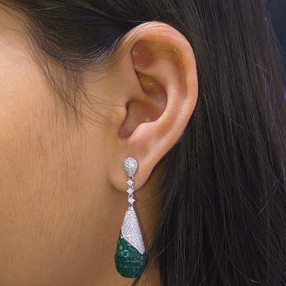 Silver Emerald Teardrop Diamond  Earring