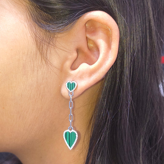 Silver Drop Heart Earrings in Green