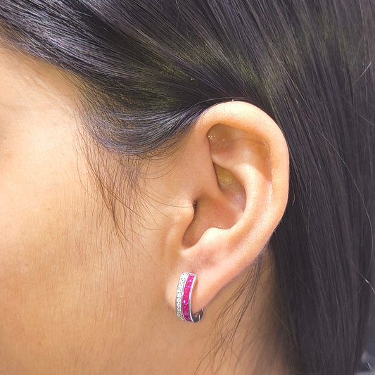 Silver Ruby Hoop Earrings