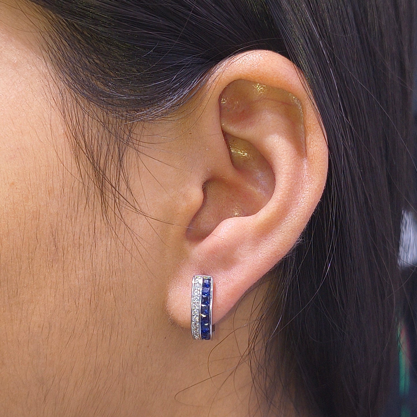 Silver Blue Gem Hoop Earrings