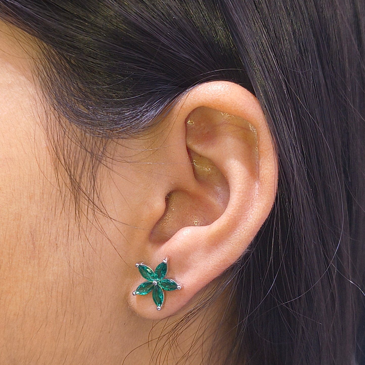 Silver Emerald Bloom Stud Earring