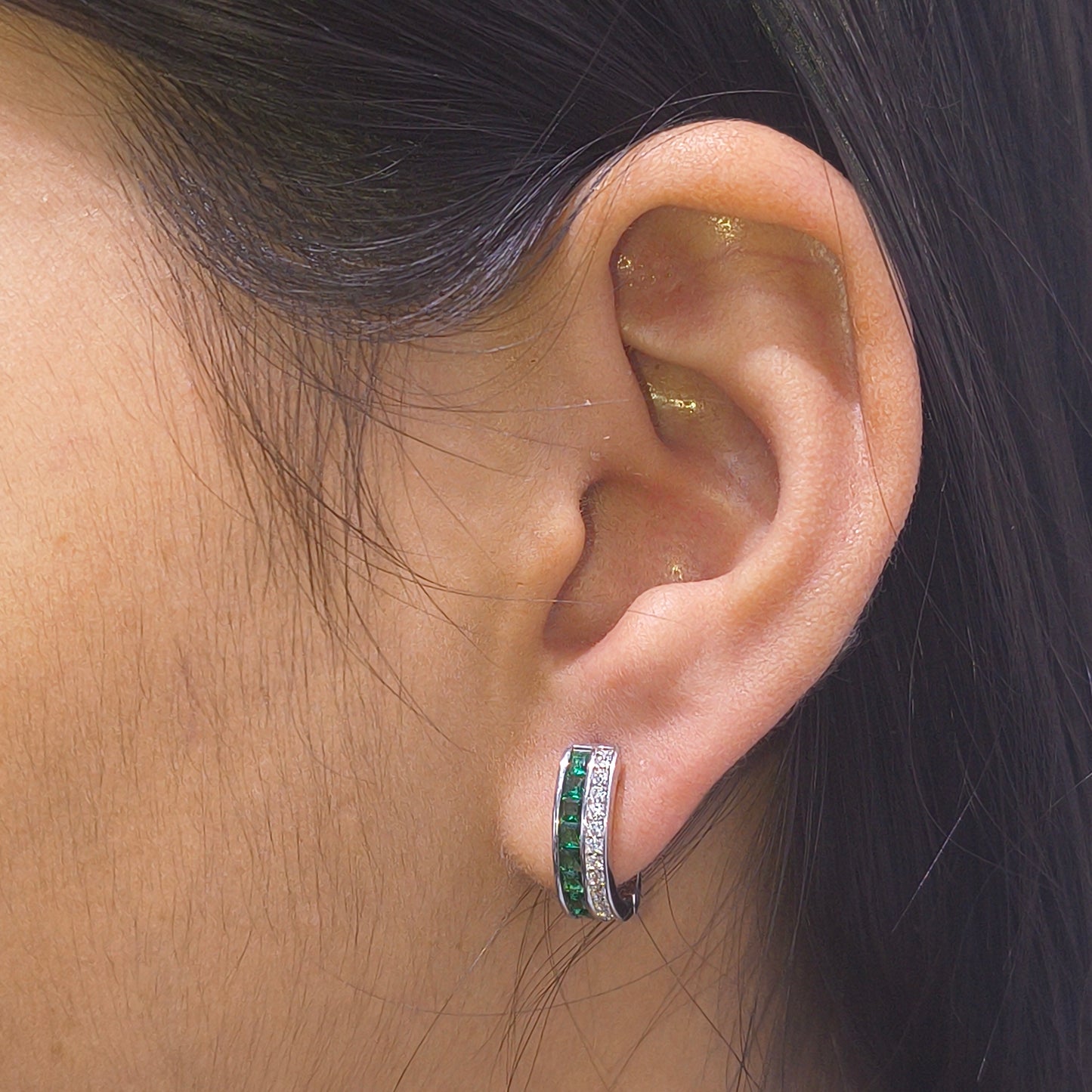 Silver Green Gem Hoop Earrings