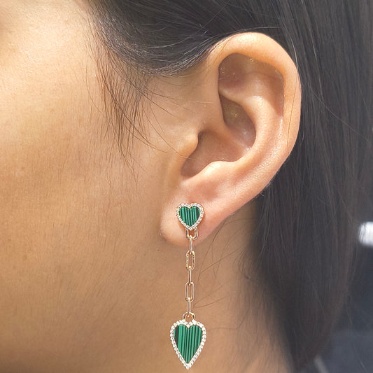 RoseGold Plated Silver Drop Heart Earrings in Green