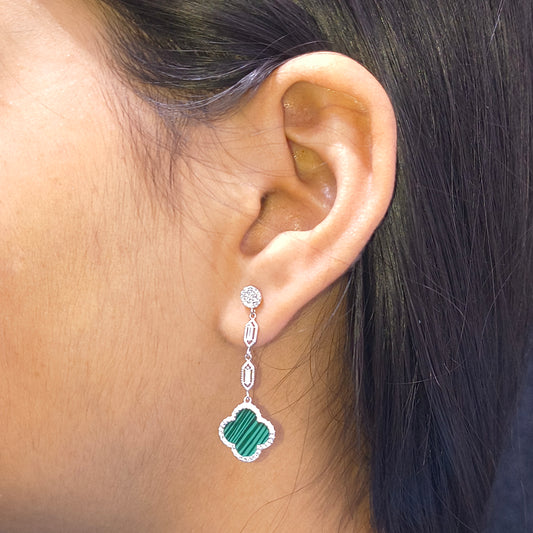 Silver Fourleaf Clover Statement Earrings in Green