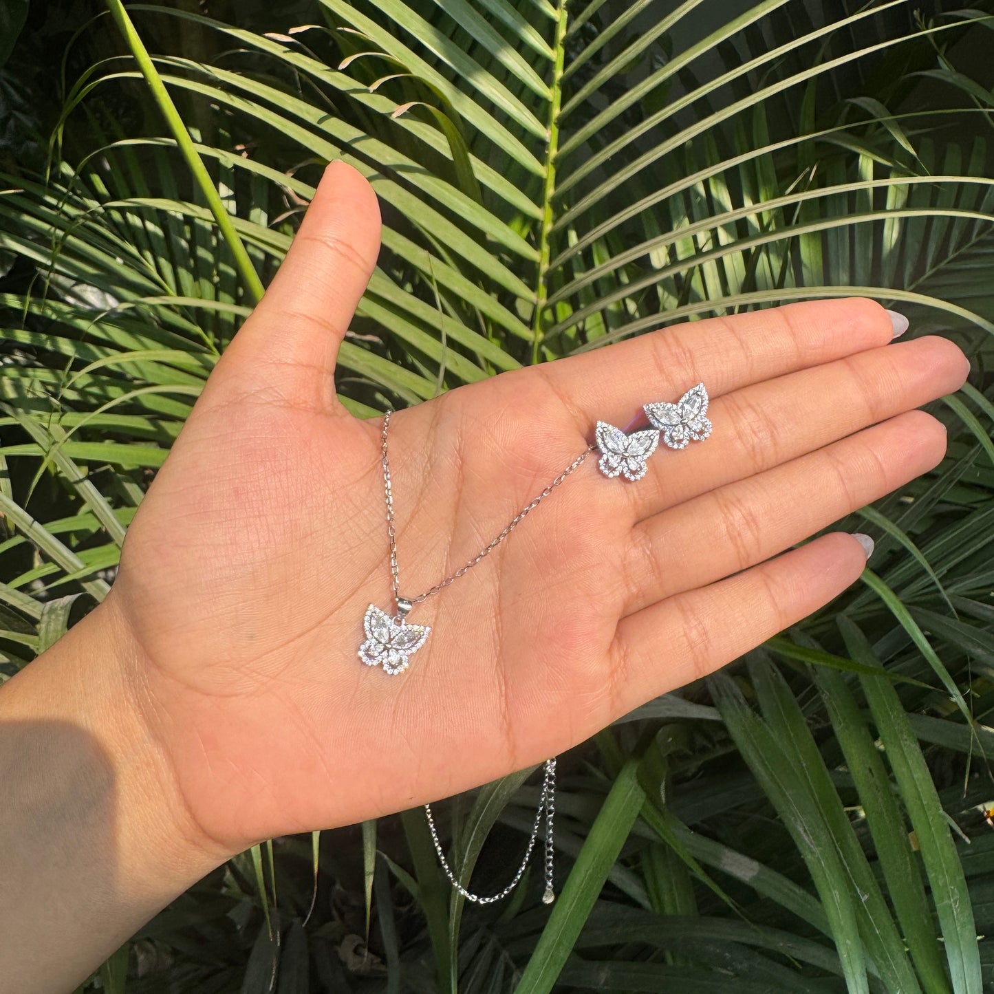 Silver Crystal Encrusted Butterfly Necklace Set