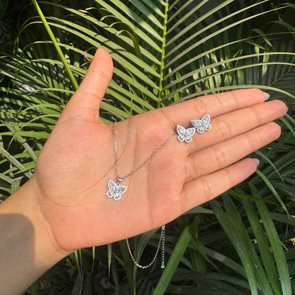 Silver Crystal Encrusted Butterfly Necklace Set