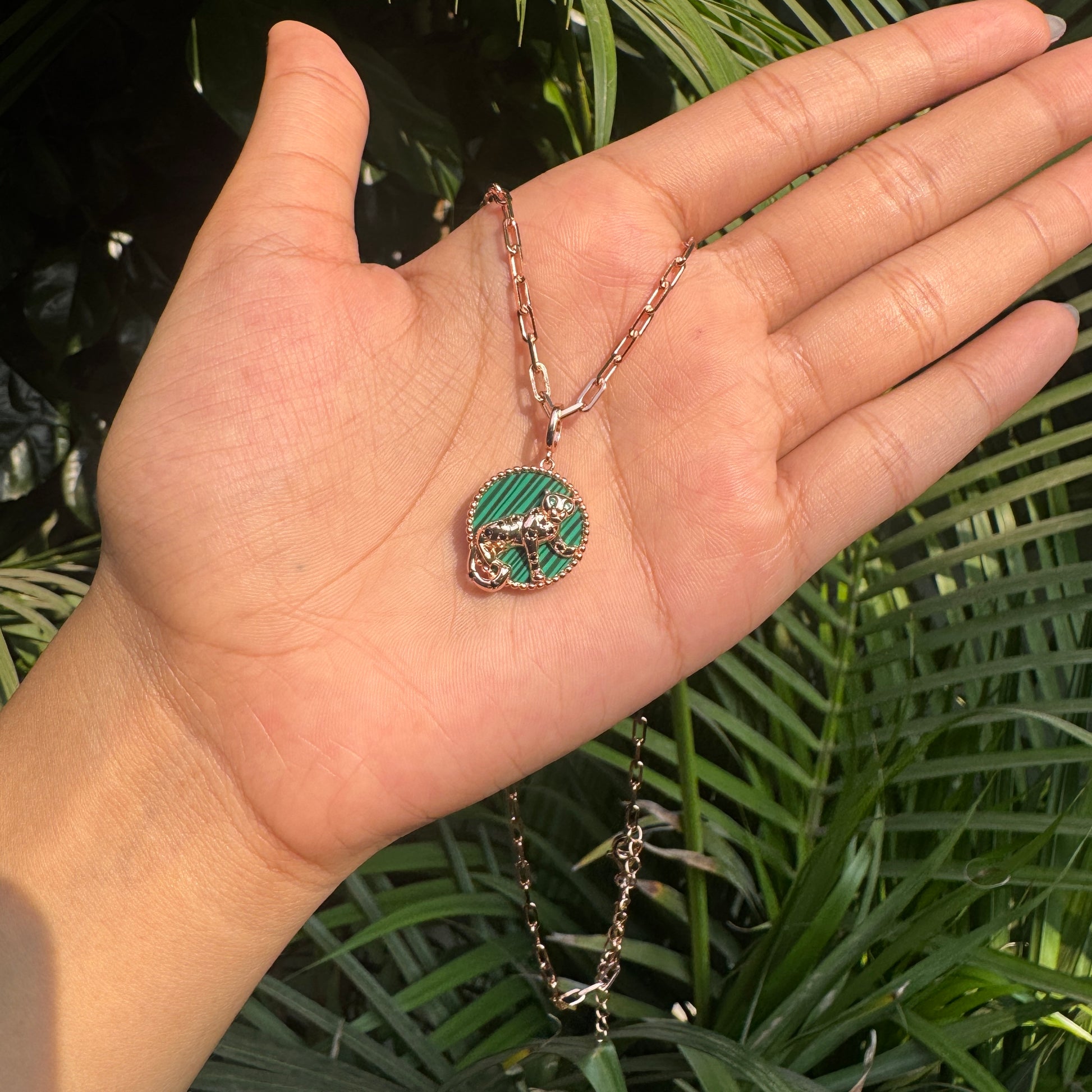Hand holding a necklace with a green and silver pendant against a green leafy background