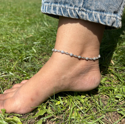 Silver Star & Heart Zirconia Stones Anklet