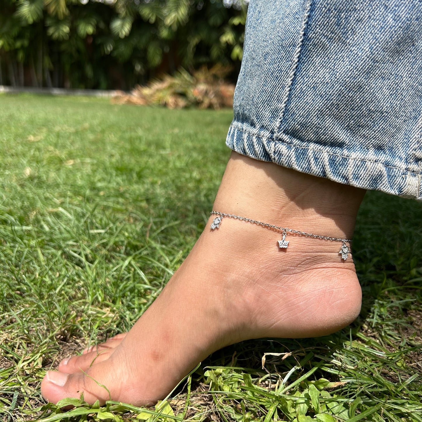 Silver Hamsahand & Crown Anklet