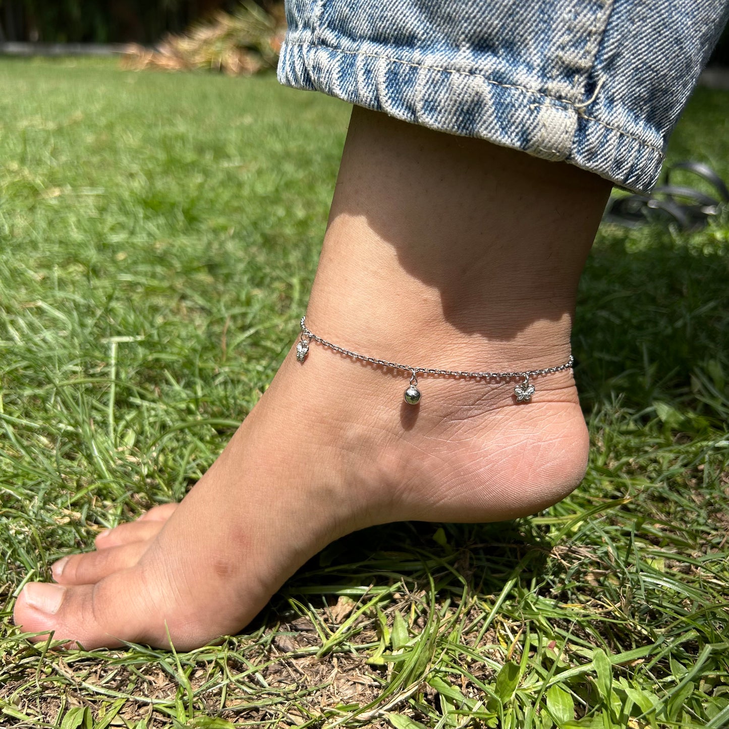 Silver Butterfly & Heart Charm Anklet