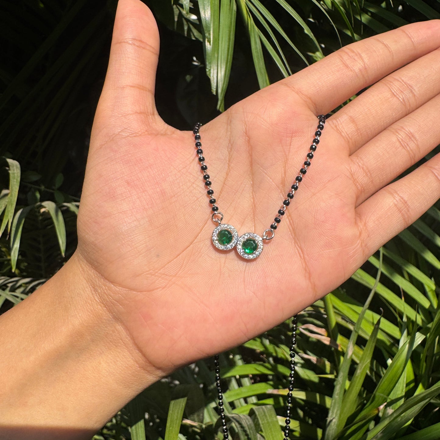 Silver Modern Double Circle Green Mangalsutra