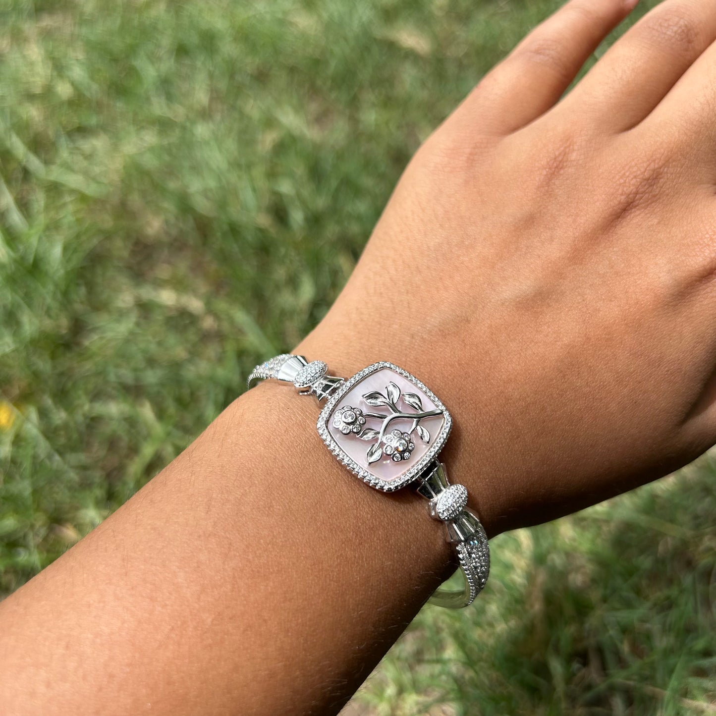 Silver Diamond Floral Charm Bracelet