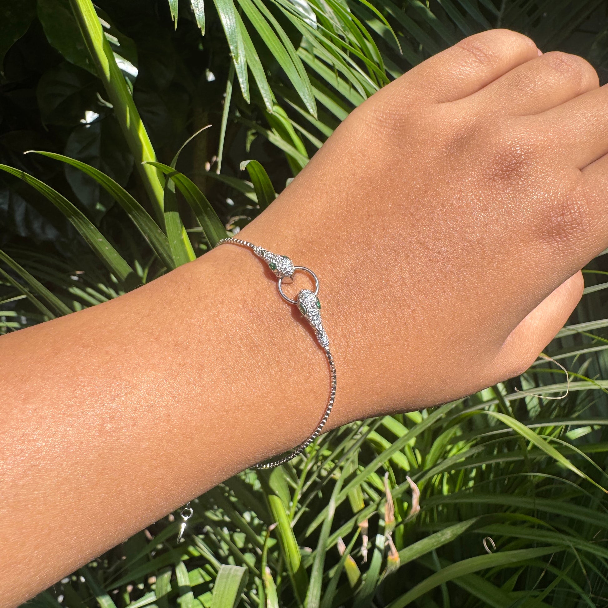 Silver bracelet on a wrist with a green leafy background