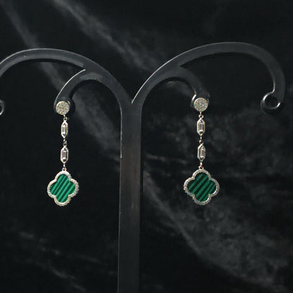 Silver Fourleaf Clover Statement Earrings in Green