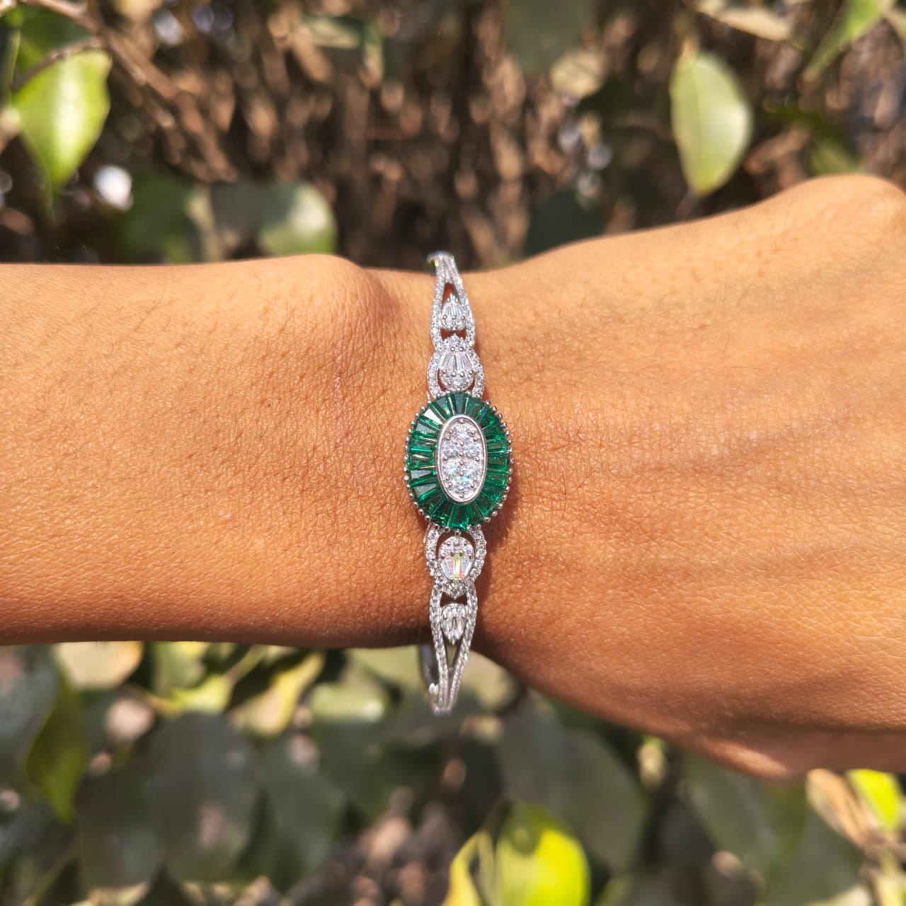 Silver Green Halo Diamond Bracelet