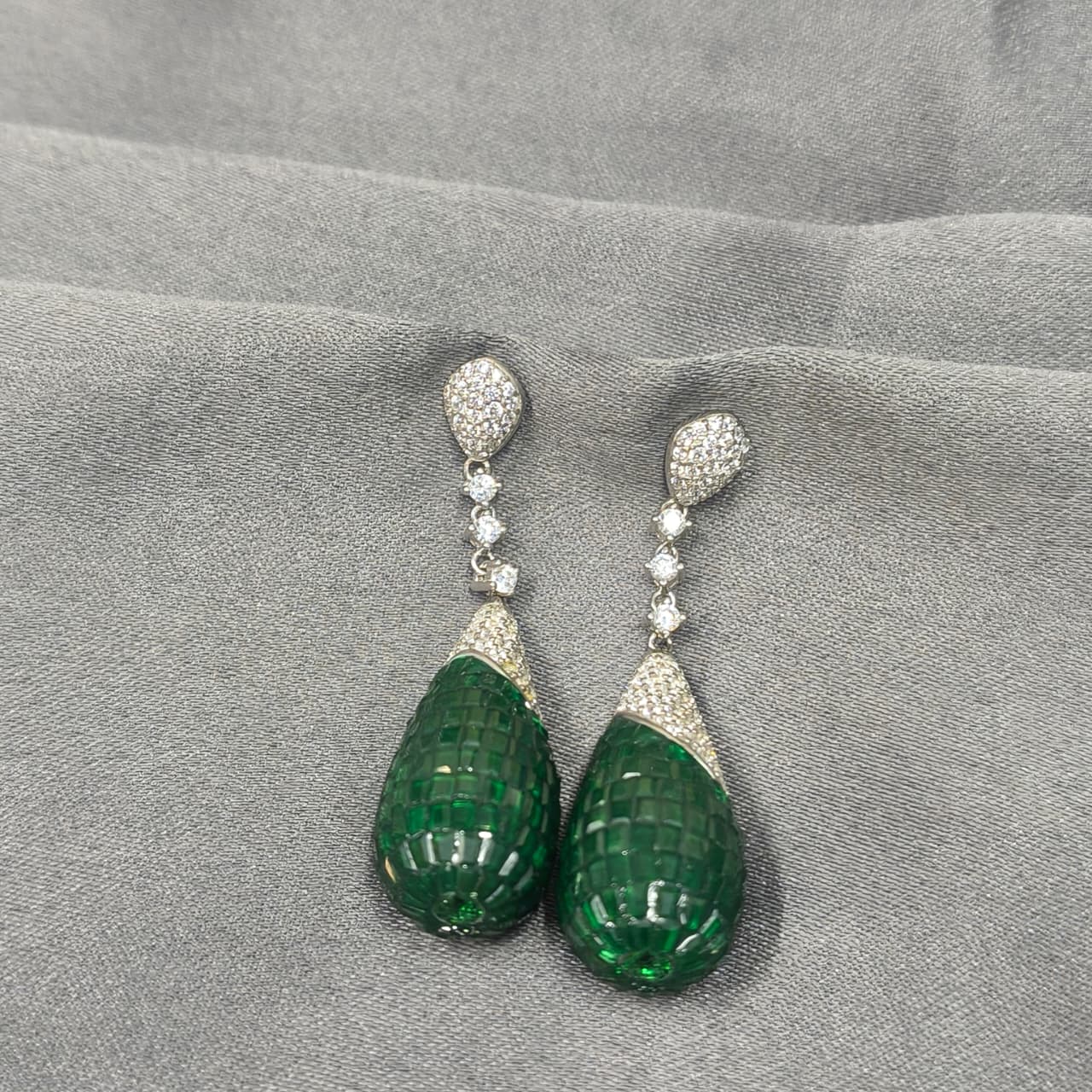 Silver Emerald Teardrop Diamond  Earring