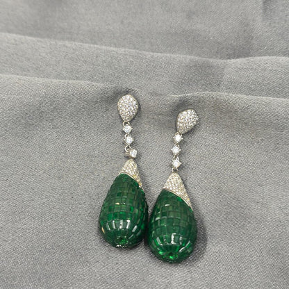 Silver Emerald Teardrop Diamond  Earring