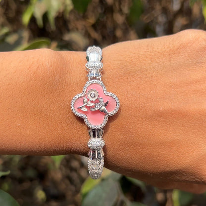 Silver Elegant Pink Flower Bracelet