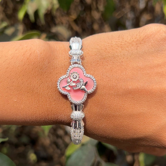 Silver Elegant Pink Flower Bracelet
